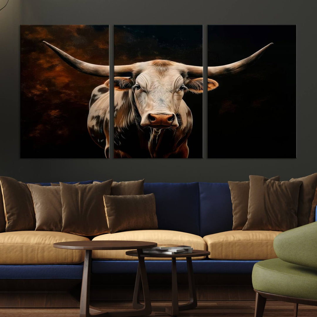 The Texas Longhorn Wall Art, a 3-panel large canvas print, infuses the room with a dash of cowboy charm.