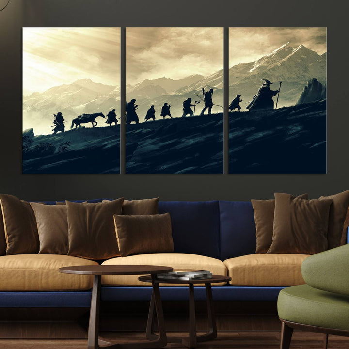 A canvas print titled "Lord of the Rings Silhouette Wall Art Capturing the Epic Quest Through Middle-Earth - The Fellowship's Journey" is displayed.