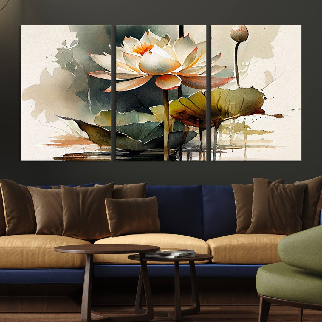 The Lotus Flower Watercolor Canvas Print, a contemporary wall art piece symbolizing serenity and growth with its soft watercolors, adorns the wall.