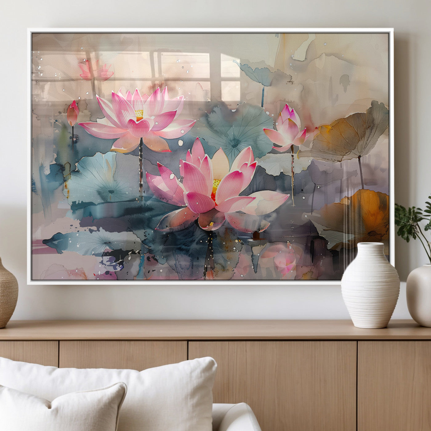 MGV-FP-36X24-3P - Lotus Flower Wall Art | 3-Panel Giclee Canvas Print of Pink Lotus Blossoms for Living Room, Bedroom,