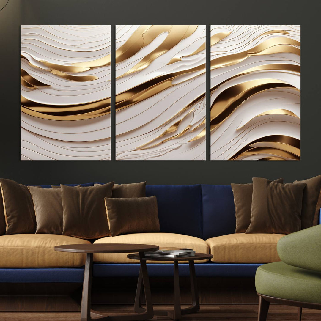 The "Gold and White Abstract Wave Canvas – Elegant Flowing Design with Luxurious Golden Accents" beautifully enhances the area and creates a stunning focal point in the room.