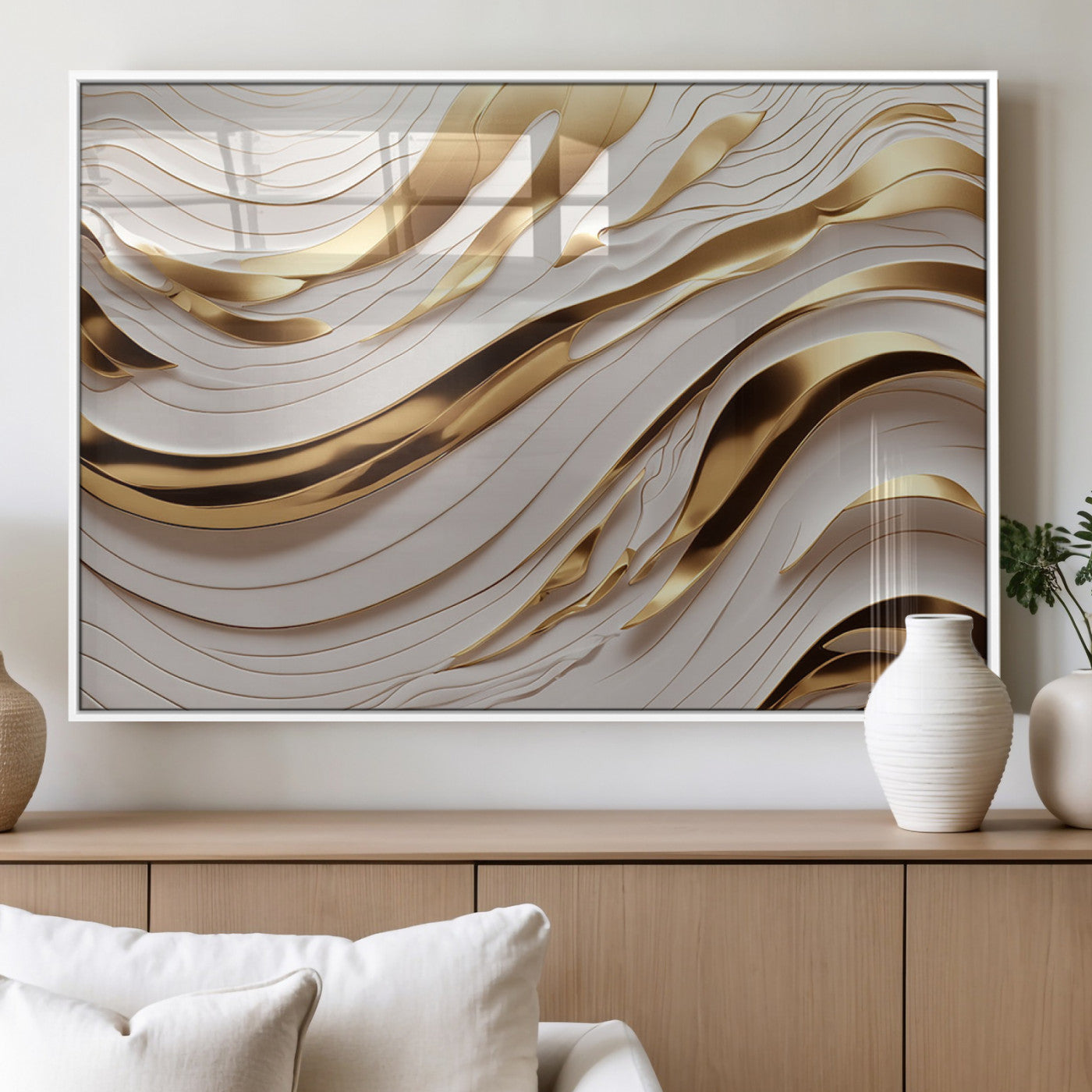 81197-MGV-FP-36X24-3P_White-Gold and White Abstract Wave Canvas – Elegant Flowing Design with Luxurious Golden Accents –