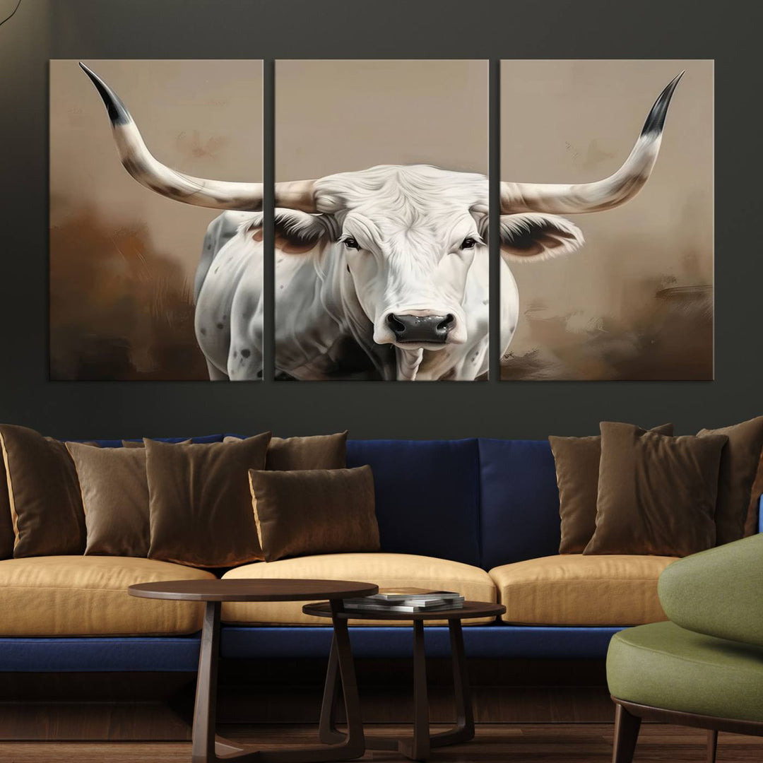 Texas Longhorn Canvas Wall Art features a triptych design on premium canvas with a gallery-quality finish.