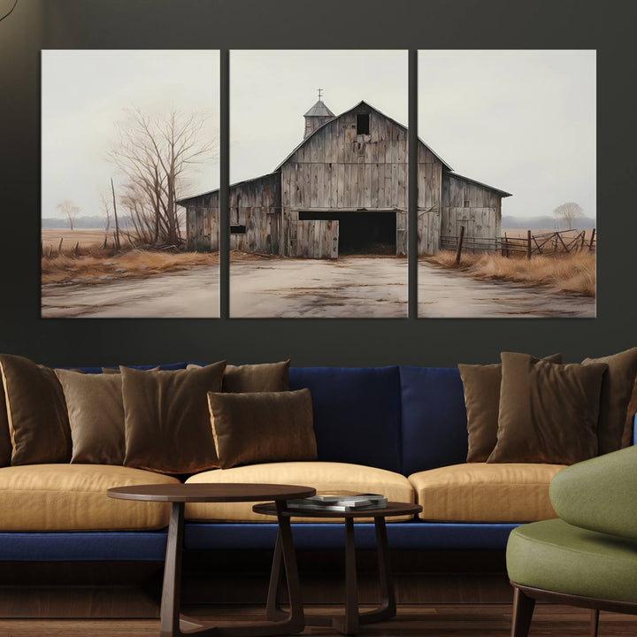 A framed and ready-to-hang Farmhouse Rustic Barn Wall Art Canvas Print is displayed against a gray wall. This stylish modern living room seamlessly combines rural life wall décor with contemporary comfort.