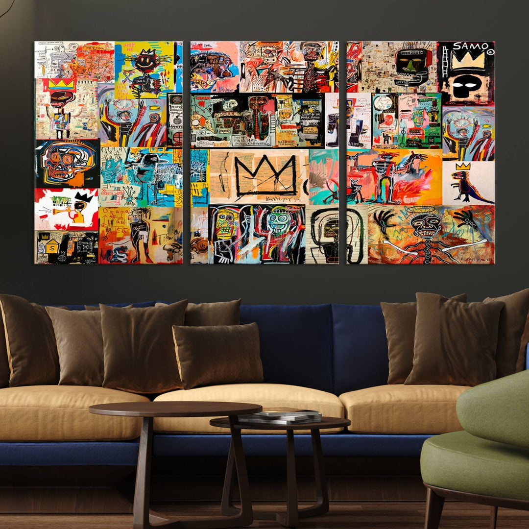 A vibrant Basquiat Art Collage Wall Art Canvas Print in an urban graffiti style adds a modern artistic flair.