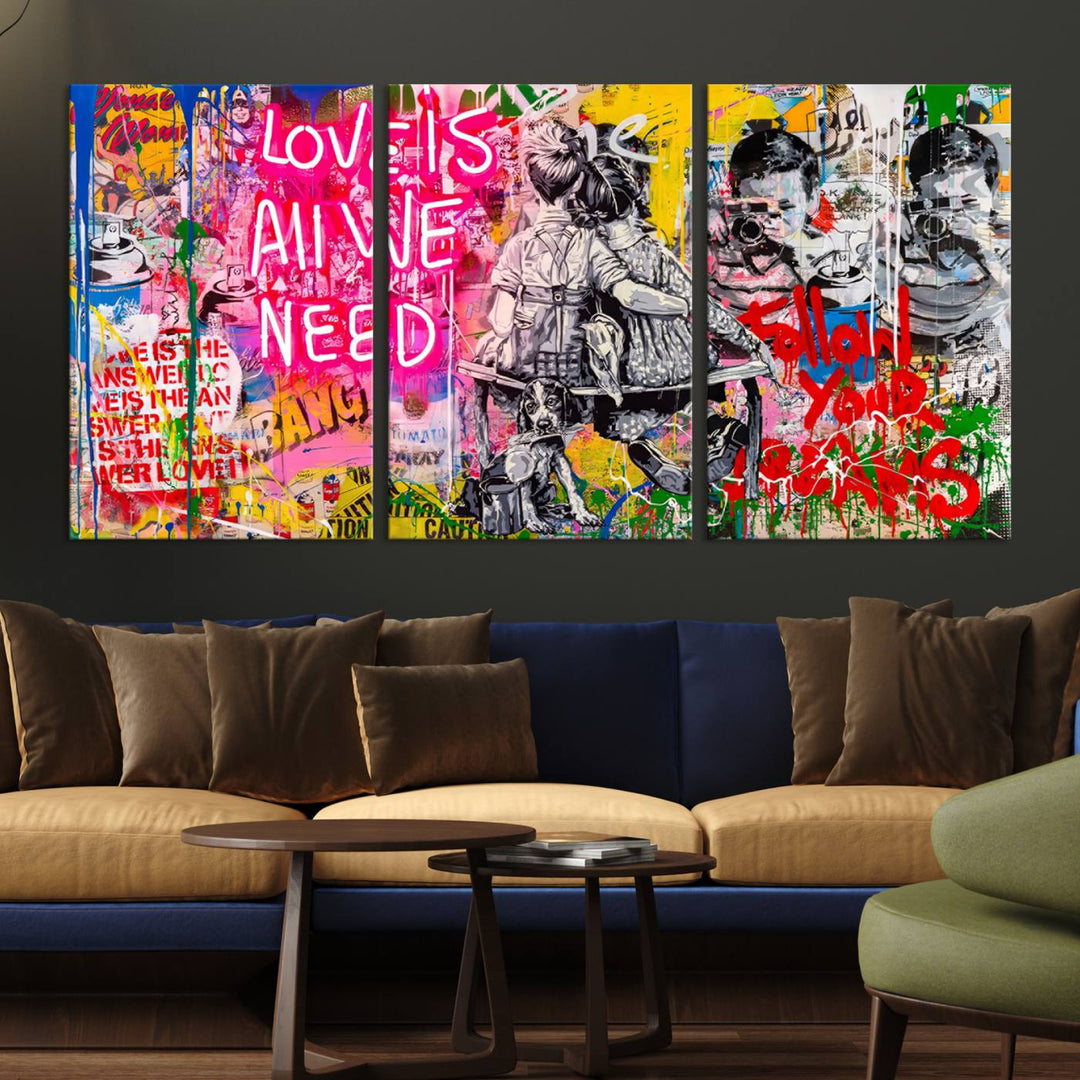 A vivid display of the "Follow Your Dreams & Love is All We Need" graffiti street art energizes a modern room with its three-panel arrangement. This bold giclee canvas print infuses any contemporary space with dynamic flair.