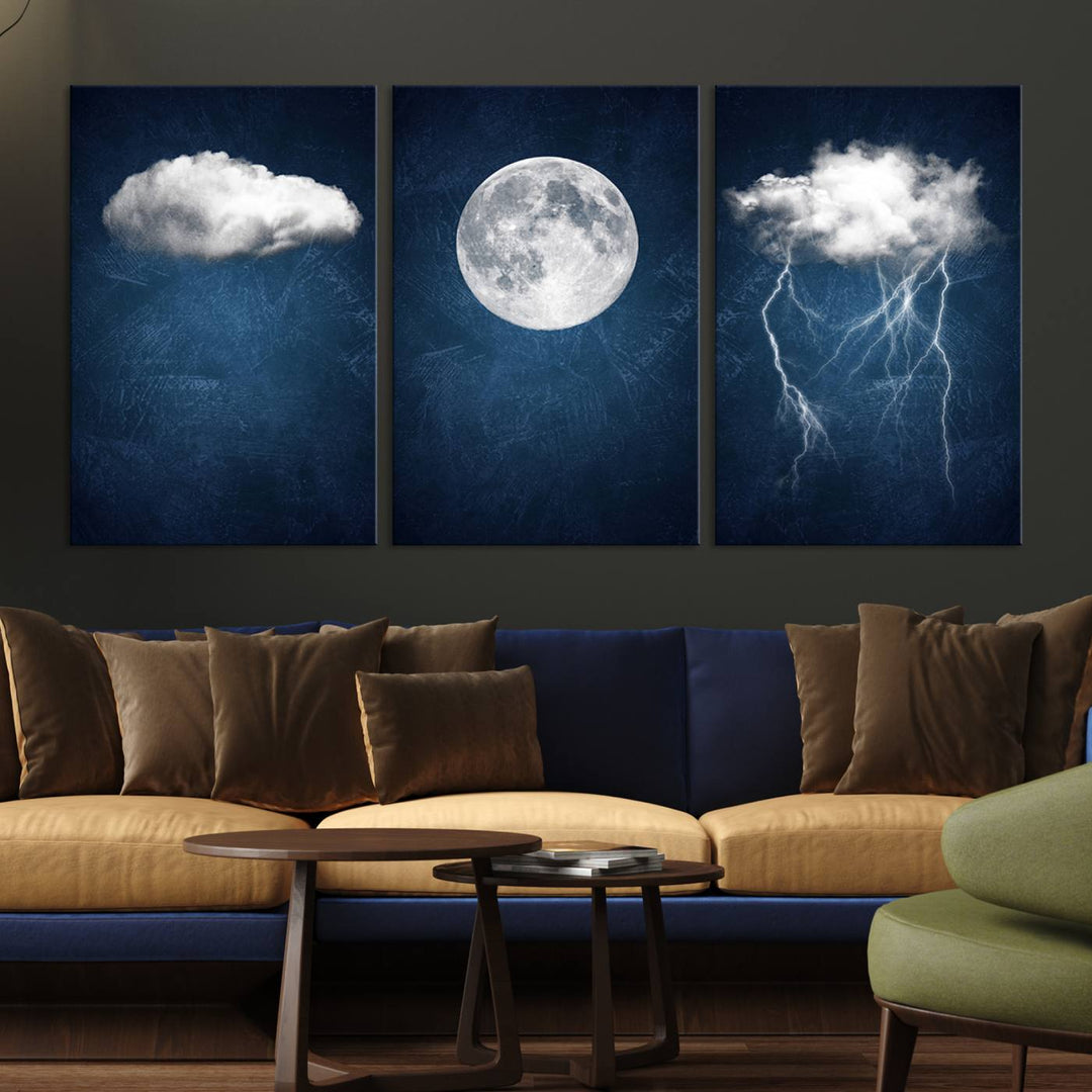 Dark Blue Cloud Art, 3 Piece Indigo Blue Wall Art, Aesthetic Surreal Art, Thunderstorm Moon Cloud Artworks 