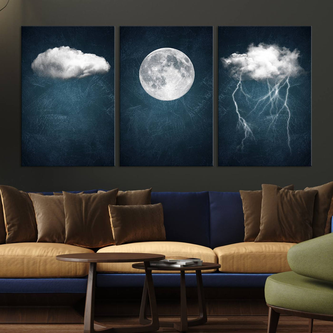 The "3 Piece Indigo Cloud Wall Art, Thunderstorm Moon Cloud Artworks" on museum-quality canvas with UV-protective coating is prominently displayed.