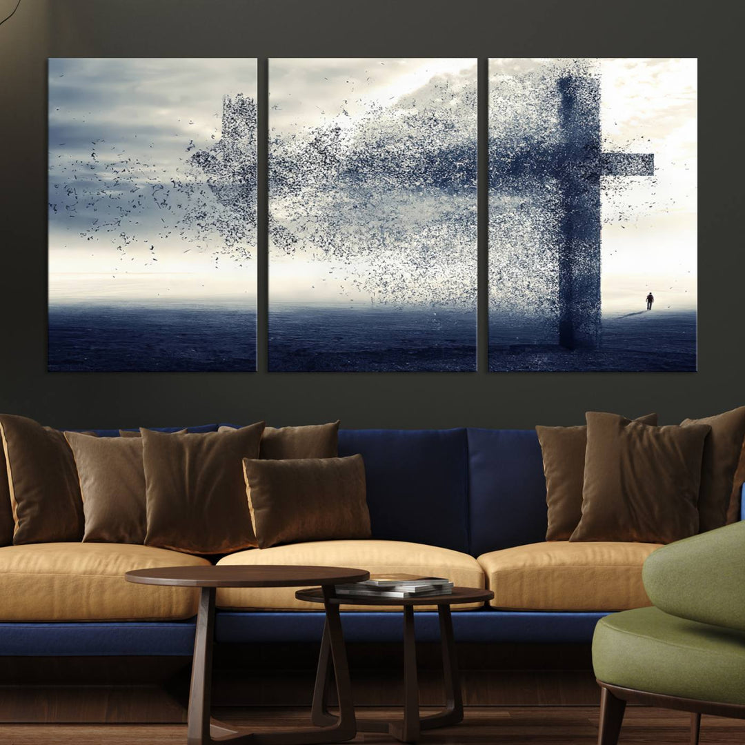 The "Jesus and the Fading Cross – Symbol of Faith" framed canvas print beautifully depicts a cross formed by birds against a moody sky above an ocean. This piece of Christian wall art infuses spirituality into the minimalist space.