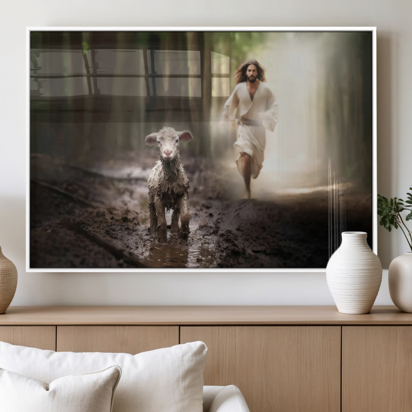 MGV-FP-36X24-3P - Jesus Canvas Wall Art - Jesus Running After Lost Lamb, Jesus, Christian Home Decor - Church Wall Art