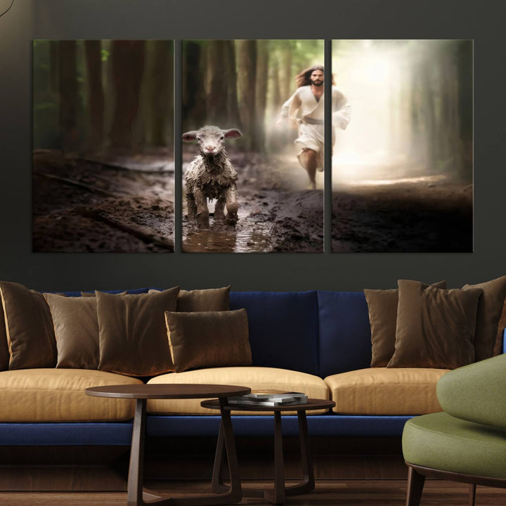 Discover the "Jesus Canvas Wall Art: Jesus Running After Lost Lamb," an exquisite triptych canvas piece that beautifully depicts Jesus in pursuit of a lost lamb within a forest setting. This artwork features a gallery-quality finish and is handmade in the USA, adding both charm and craftsmanship to your space. Perfect for Christian home decor enthusiasts.