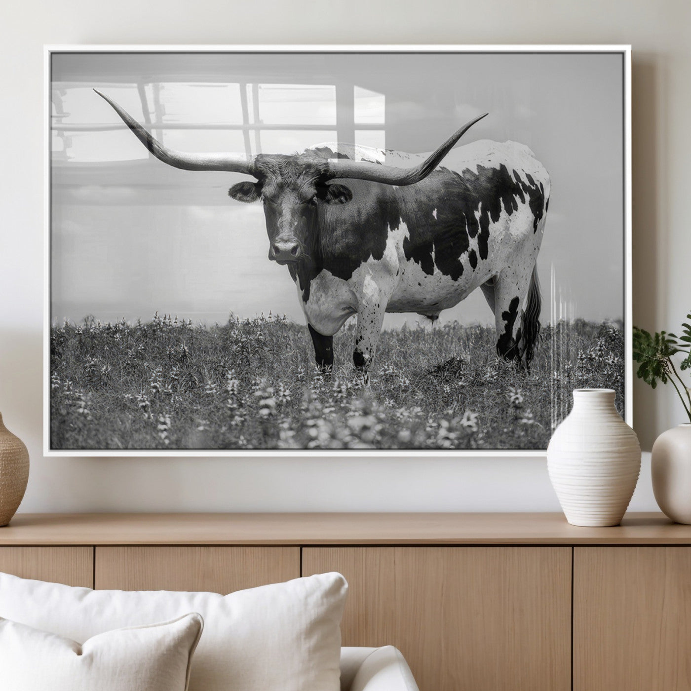 94709-MGV-FP-36X24-3P_White-Texas Black White Highland Longhorn Cow Wall Art Canvas Print