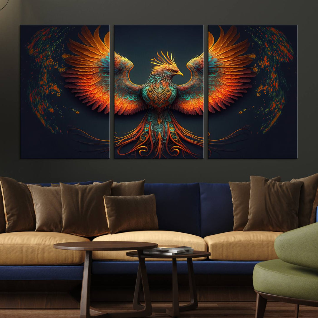 The Majestic Phoenix Wall Art Canvas Set, a fiery symbol of rebirth and strength, graces the wall.