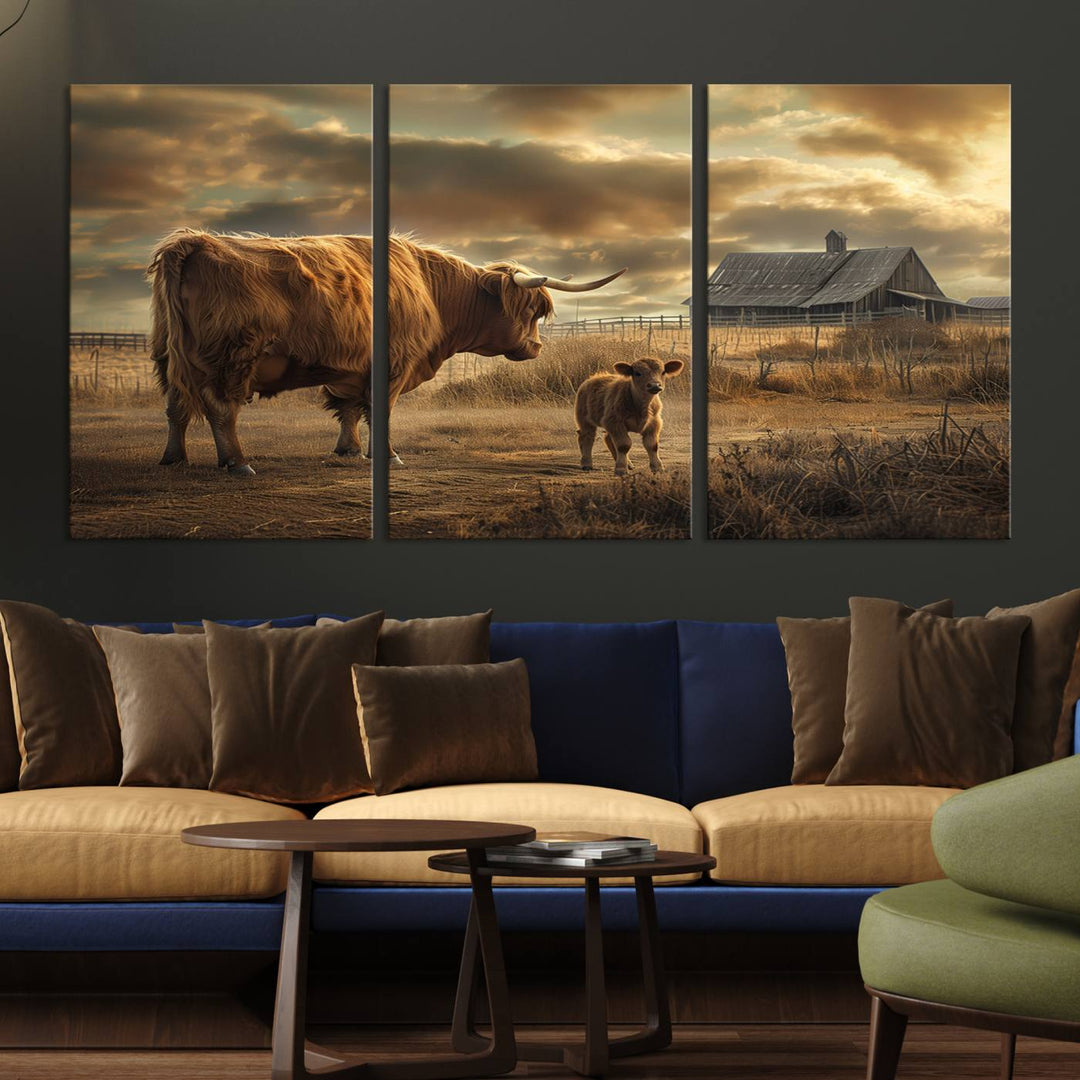 The living room features the "Highland Cow Canvas Wall Art Animal Print Pictures Fluffy Cattle Art," which captures a cow and calf in a rural sunset scene, adding gallery-quality charm.