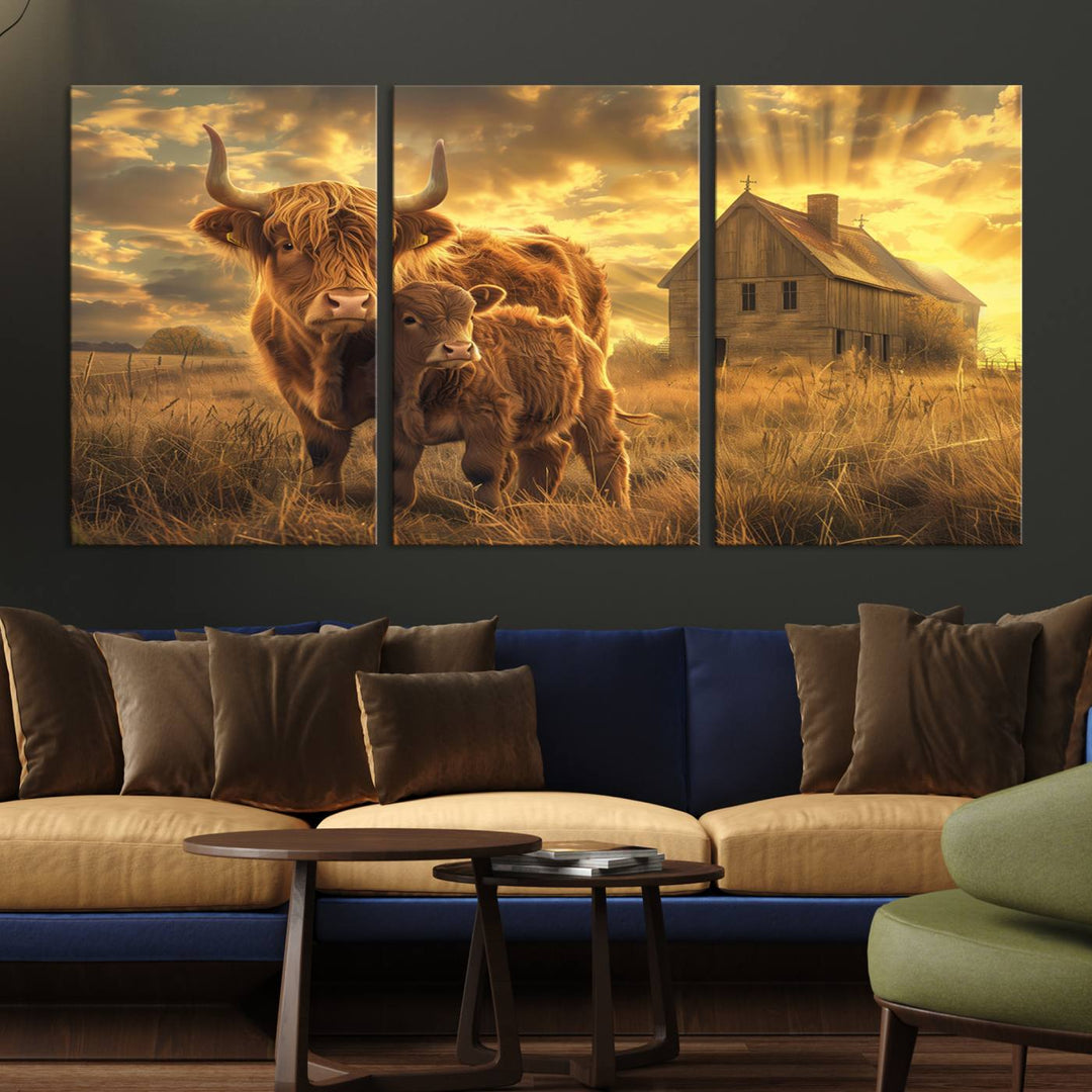 The room features the Barn and Highland Cow Canvas Wall Art Animal Print, a three-panel canvas depicting cows in a sunset field with a rustic barn backdrop. This handmade piece brings charm and character with its gallery-quality finish.