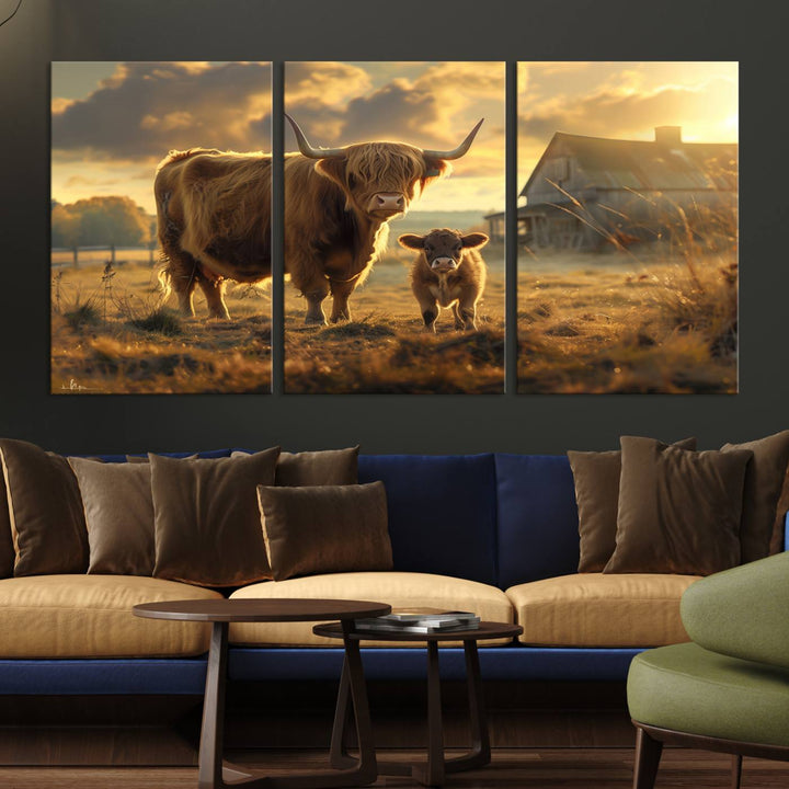 The "Highland Baby Cow Canvas Wall Art Animal Print" triptych art piece showcases a cow and calf in a sunlit field with a barn in the background.