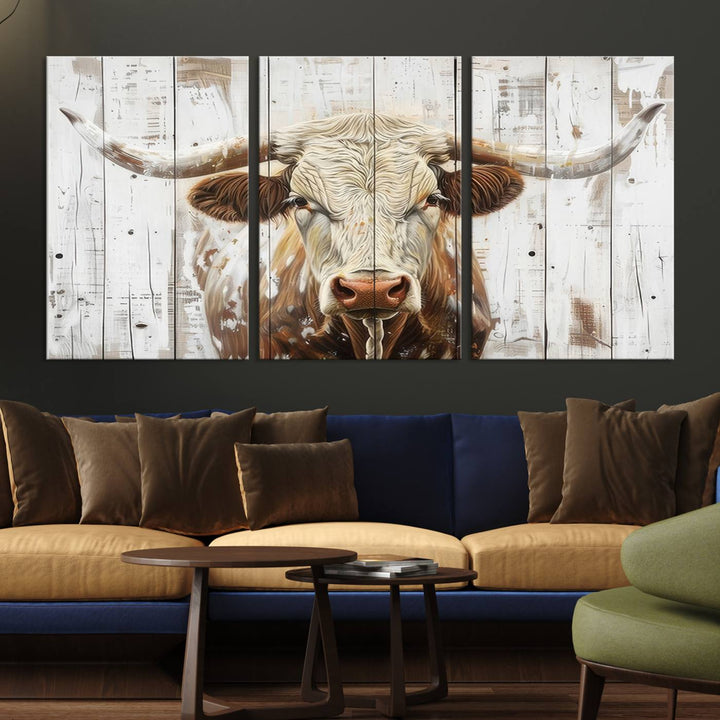 The dimly lit room is enhanced with Western charm by the Rustic Longhorn Bull Wall Art Canvas Set—Western-Inspired Farmhouse Décor, elegantly displayed on the wall.