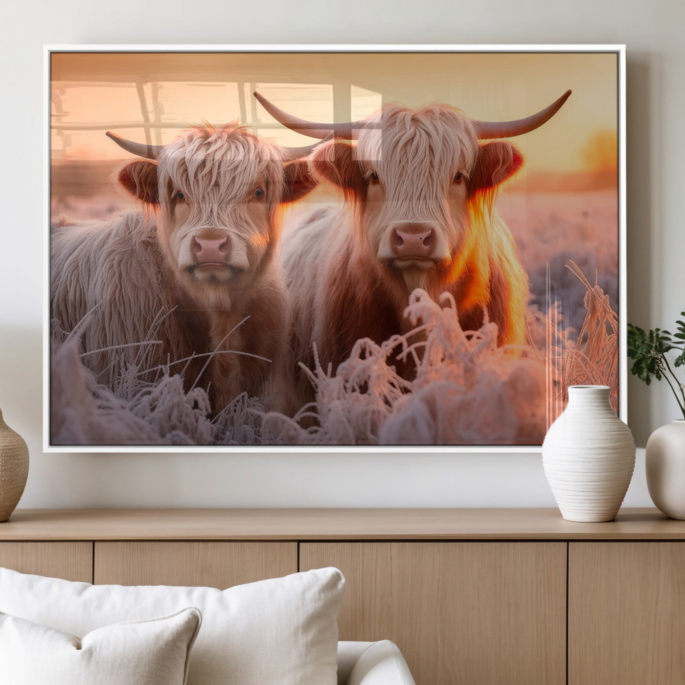 68253-MGV-FP-36X24-3P_White-Highland Cows at Sunrise Wall Art Canvas Set – Serene and Rustic Farmhouse Decor