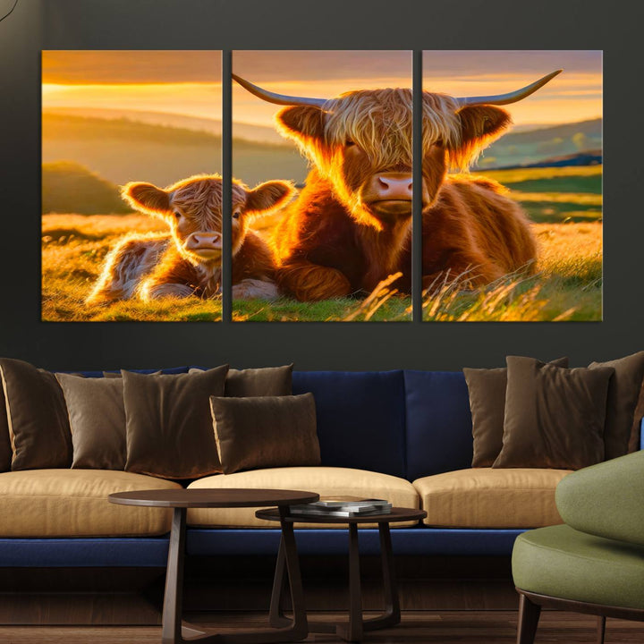 The living room showcases a gallery-quality finish with the Scottish Cow and Baby Cow Canvas Wall Art, featuring a charming animal print of fluffy cattle as the centerpiece. This stunning piece is displayed on premium canvas, creating an inviting atmosphere.