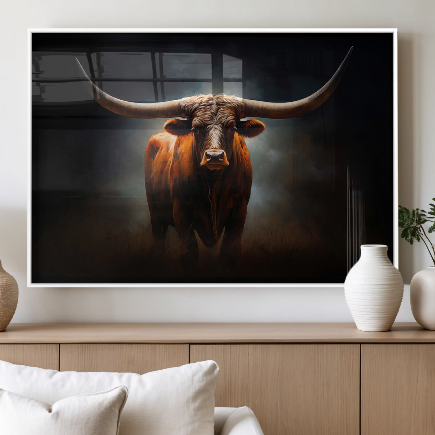 MGV-FP-36X24-3P - Abstract Texas Longhorn Wall Art Print | 3-Panel Large Texas Longhorn Canvas Print for Living Room,