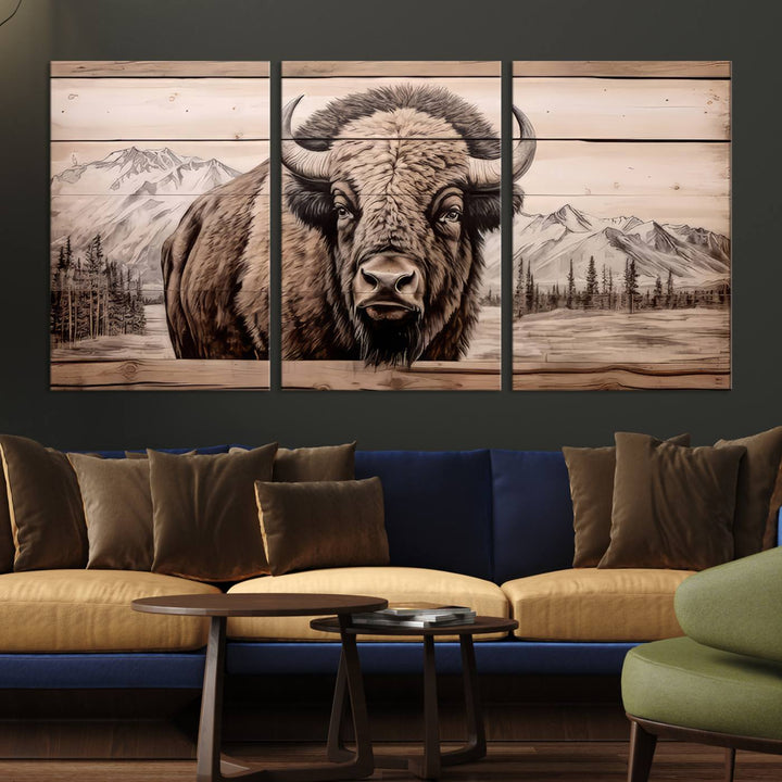 A stunning triptych artwork from the "Bison Canvas Wall Art American Buffalo Print Rustic Decor for Farmhouse Wall Art" collection graces the modern living room. Its vibrant colors are enhanced by museum-quality canvas and a UV-protective coating. The gallery-wrapped piece adds elegance to the space.