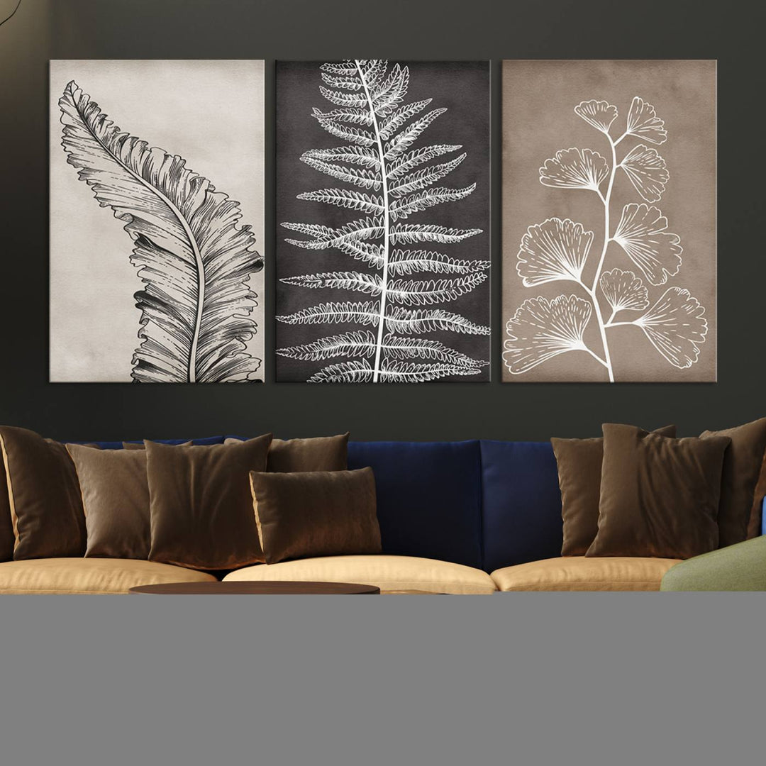 Botanical Leaf Art Collection - 3-Panel Wall Art Canvas Print, Framed and Ready to Hang - Nature-Inspired Home Decor 