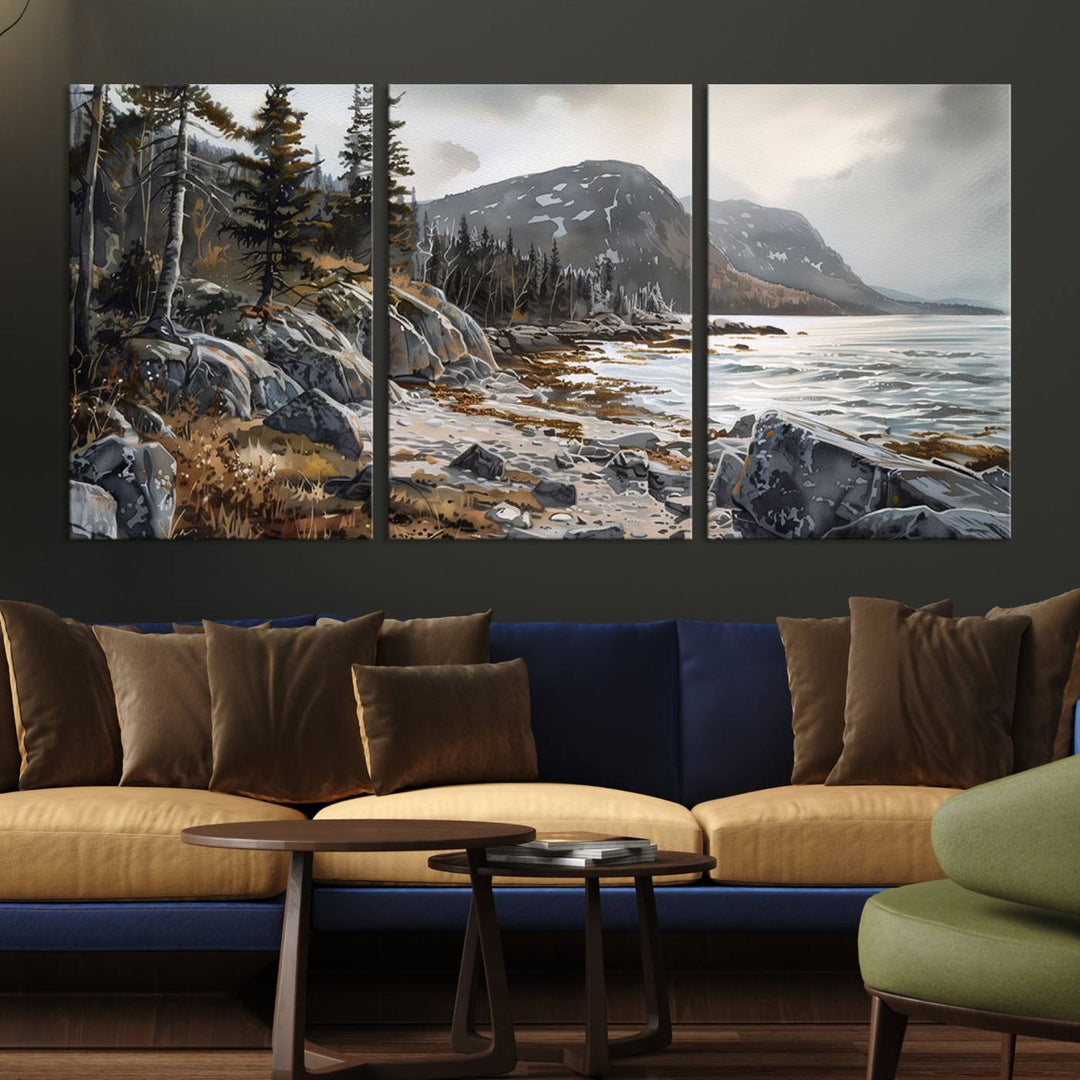 The stunning Serene Coastal View of Acadia National Park is a 3-panel wall art canvas print that beautifully captures a tranquil mountain and lake scene.