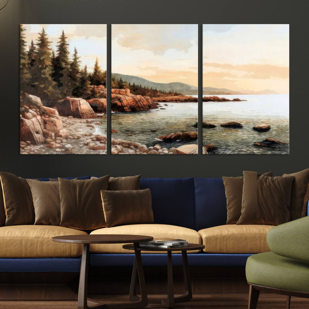 Serene Coastal View of Acadia National Park - Stunning 3-Panel Wall Art Canvas Print, Framed, Ready to Hang