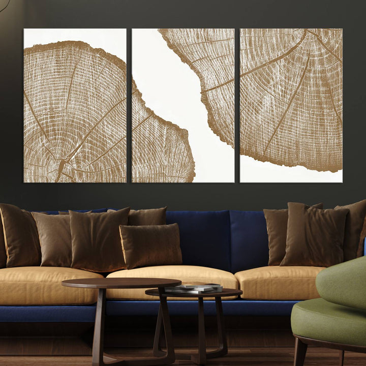 The "Rustic Brown Tree Ring Wall Art Canvas Print" in the living room adds an elegant, nature-inspired touch to the space.