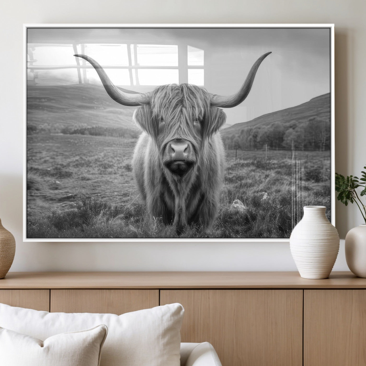MGV-FP-60X30-3P - Black White Scottish Highland Cow Canvas Farm Wall Art Canvas Print