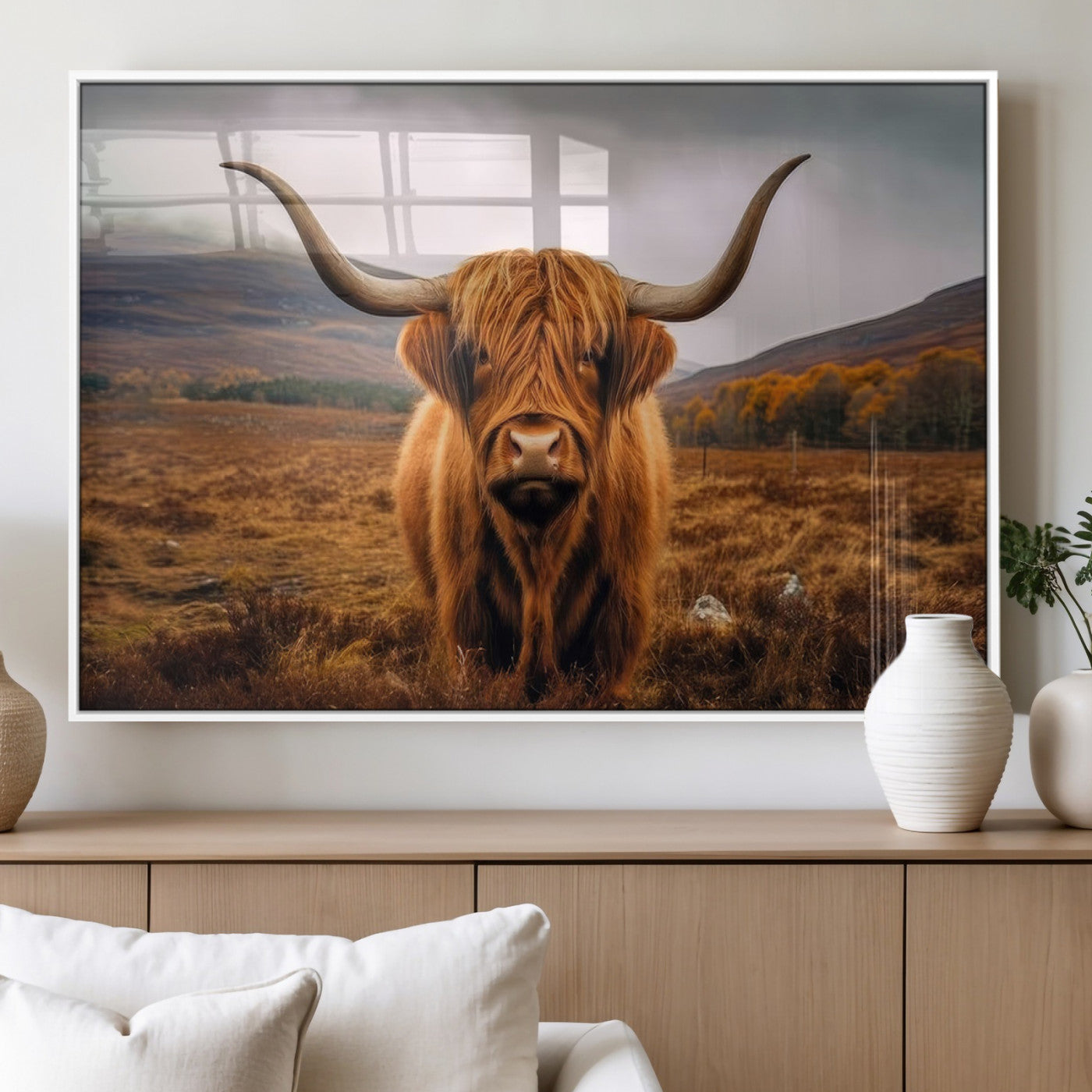 65529-MGV-FP-36X24-3P_White-Highland Cow Longhorn Wall Art – Rustic Canvas Print, Framed and Ready to Hang for Farmhouse Décor