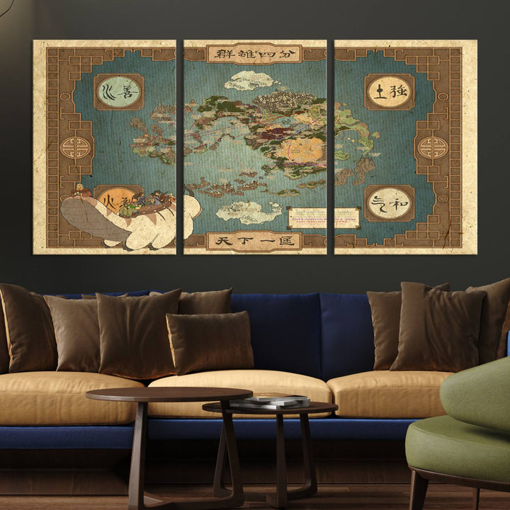 Hanging above is the Avatar: The Last Airbender Vintage Map - Wall Art Canvas Print, framed and ready to hang, showcasing an enchanting glimpse into the iconic four nations design.