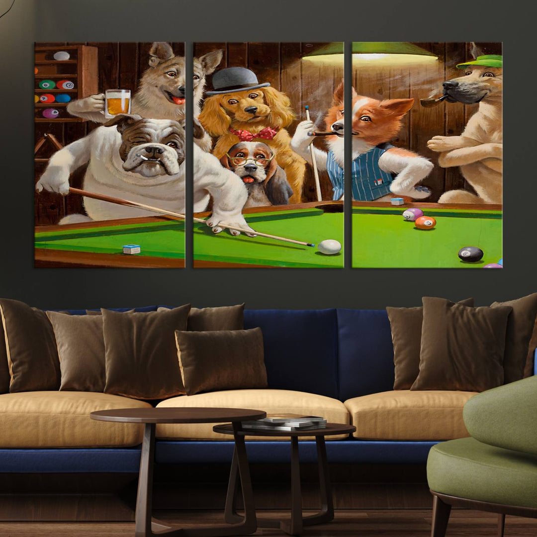 The "Dogs Playing Pool Canvas Wall Art" features a whimsical scene of dogs dressed as humans playing pool in a bar, presented as a three-panel display with a gallery-quality finish.