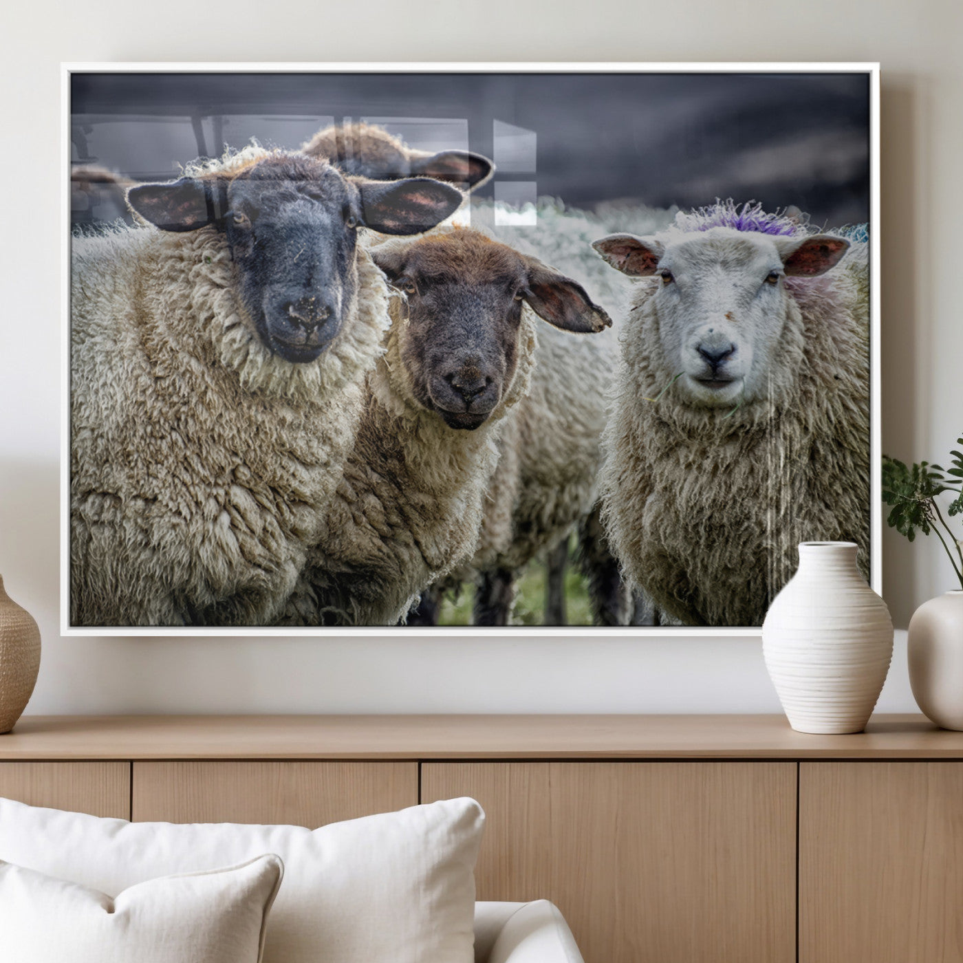 18418-MGV-FP-36X24-3P_White-Charming Sheep Portrait Wall Art – Trio of Woolly Companions Canvas Print, Framed, Ready to Hang