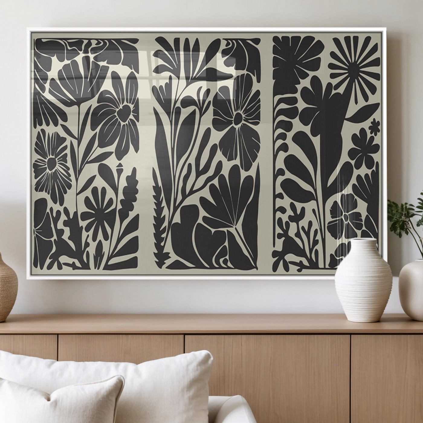 MGV-FP-36X24-3P - Modern Botanical Wall Art - Floral Black and White Canvas Print, Framed, Ready to Hang