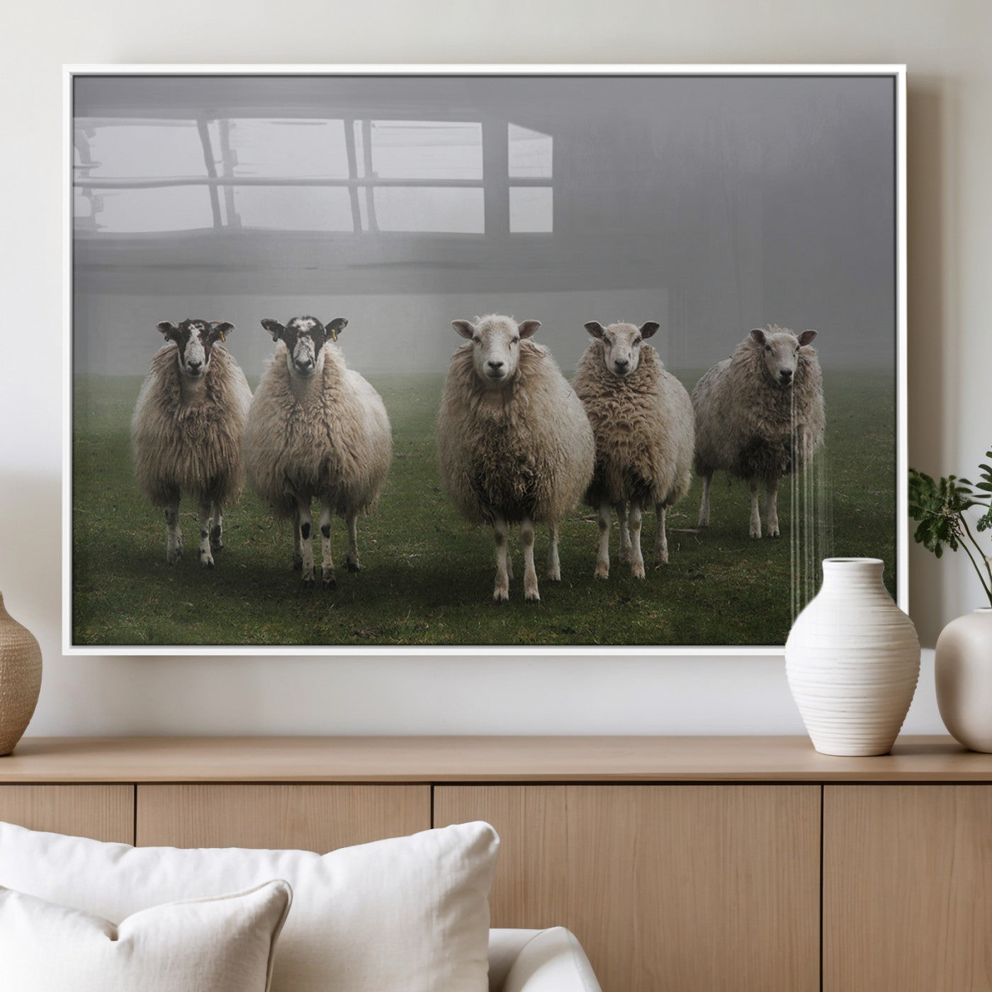 87339-MGV-FP-36X24-3P_White-Flock of Sheep in a Mystical Fog – Pastoral Wall Art Canvas Print, Framed, Ready to Hang