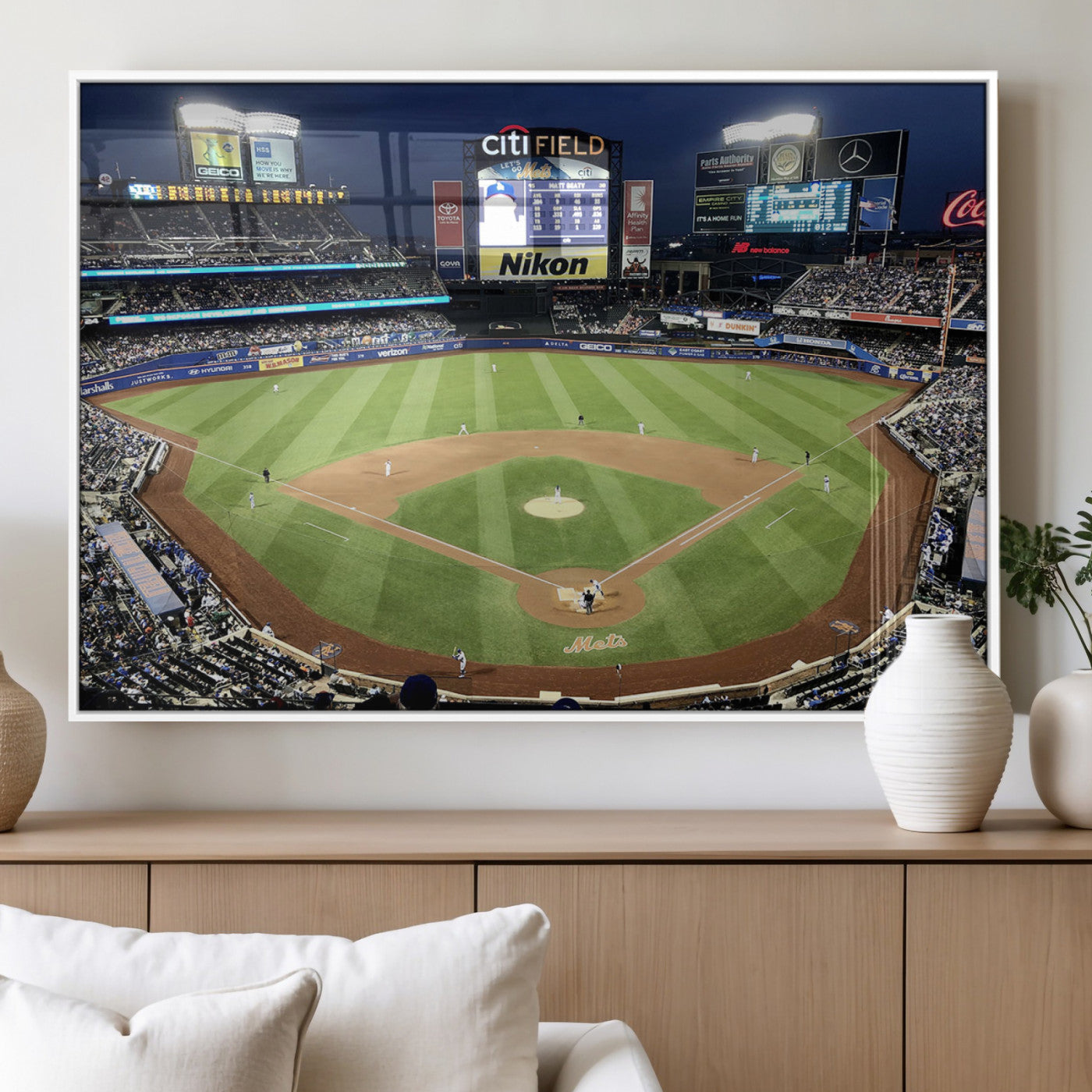 87666-MGV-FP-36X24-3P_White-Citi Field Wall Art Print | 3-Panel New York Mets Baseball Stadium Canvas Print | Framed Sports