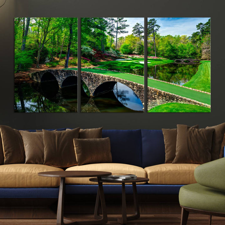 Augusta National Golf Club Wall Art - Panoramic Bridge & Lush Greenery – Premium Framed, Ready-to-Hang Triptych Canvas