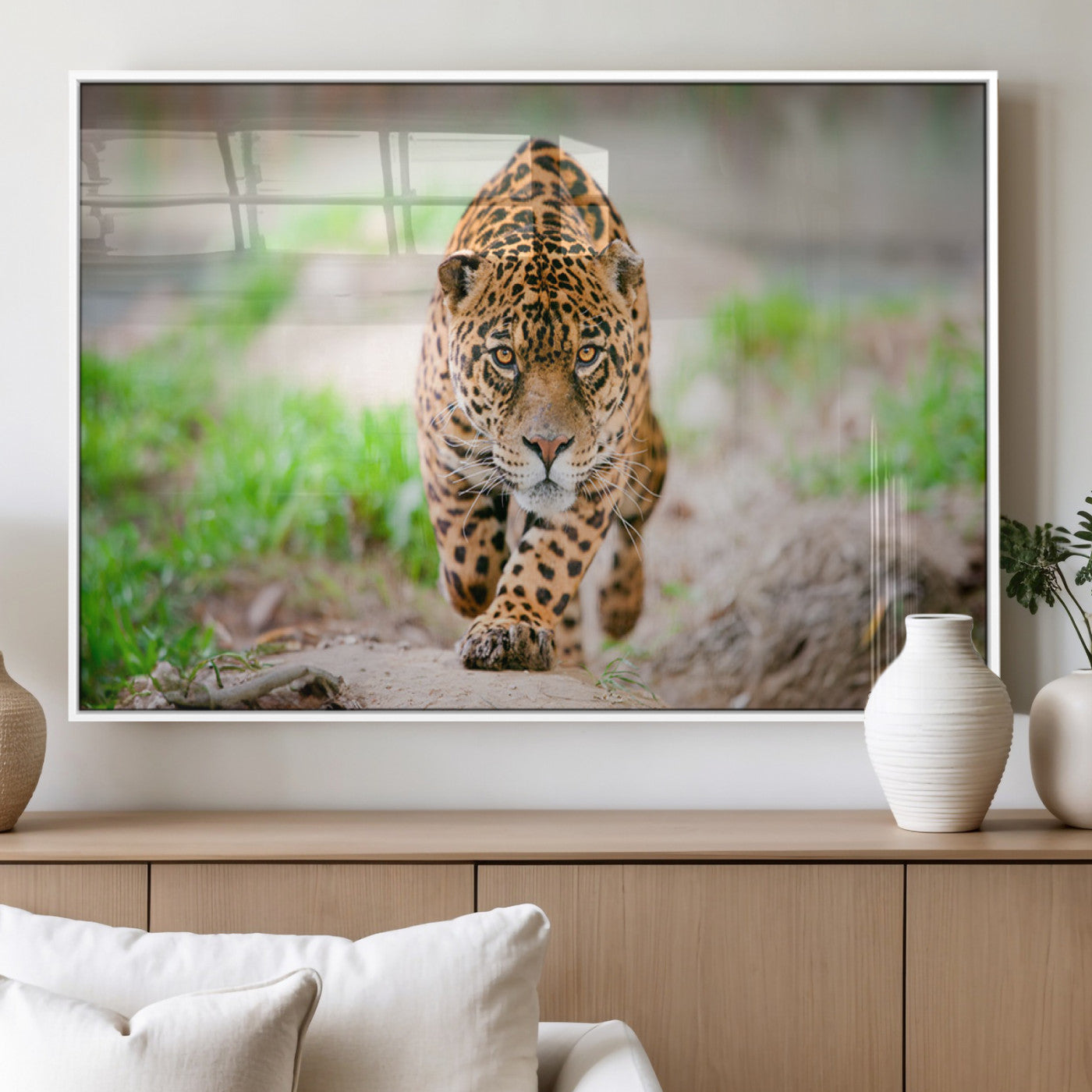 75066-MGV-FP-36X24-3P_White-Leopard on the Prowl - Stunning Large Framed Leopard Wall Art Canvas Wall Art for Living Room,