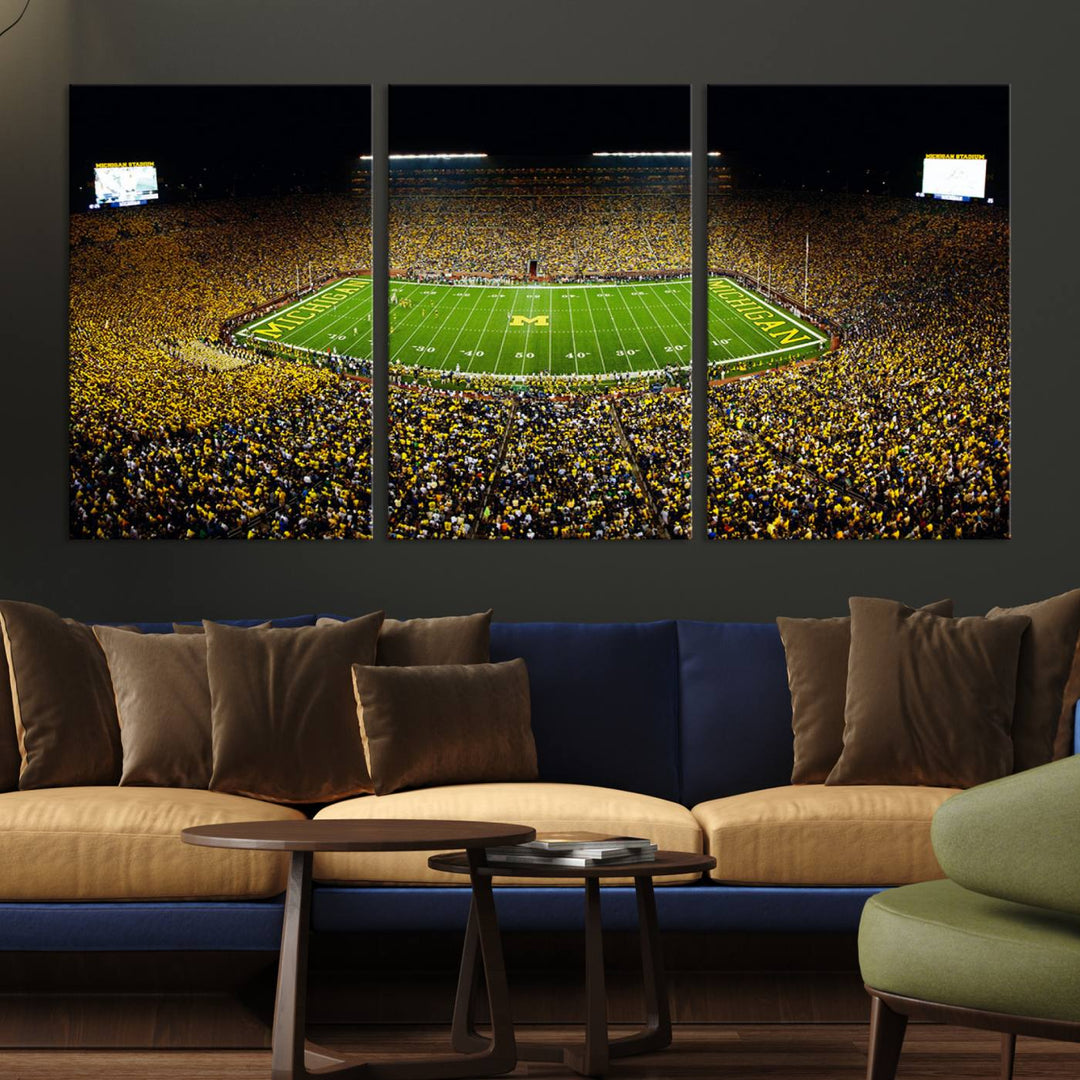 Michigan Wolverines Football Team Print - Michigan Stadium Night Game Triple Canvas Wall Art - University of Michigan Football Match