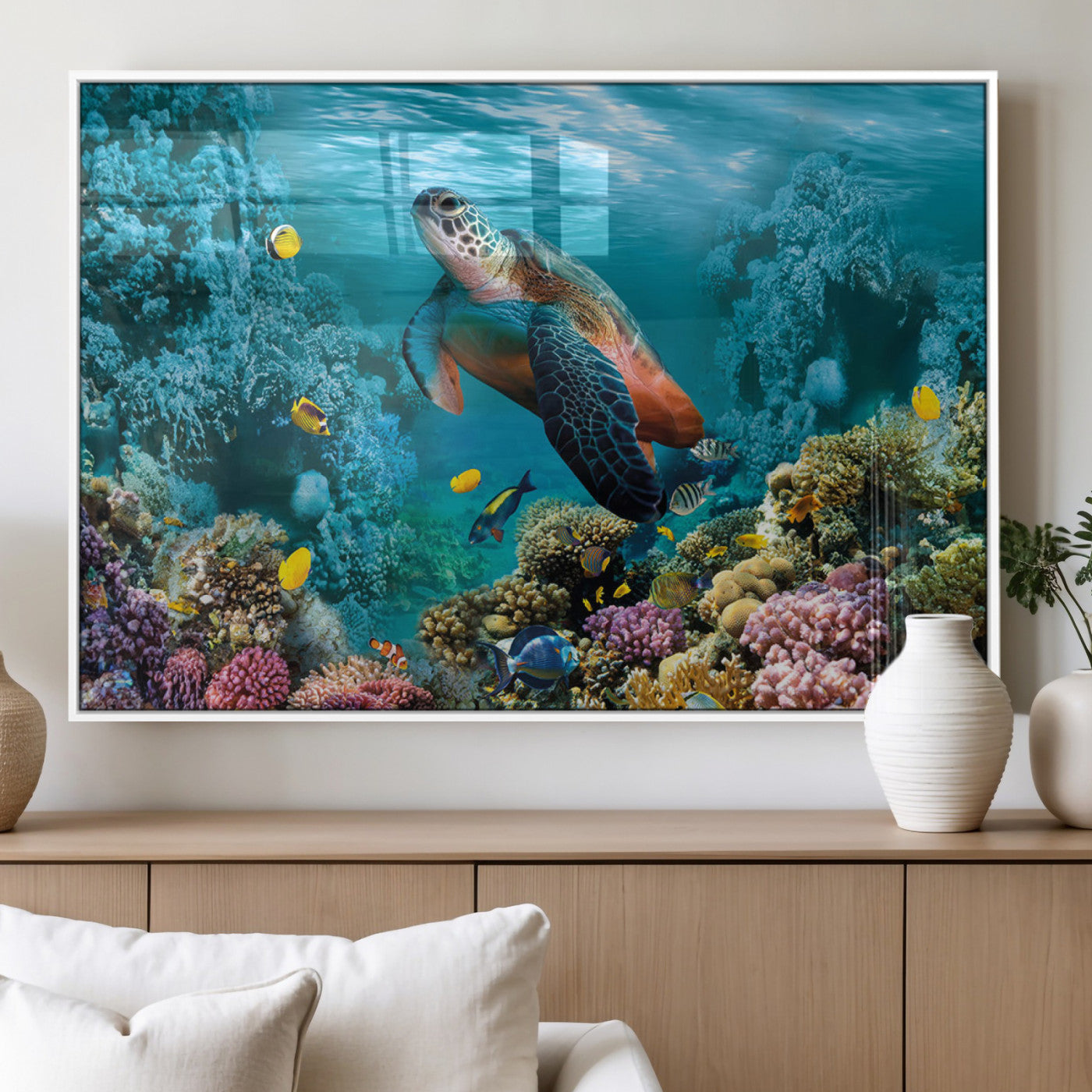 MGV-FP-36X24-3P - Sea Turtle and Coral Reef Triptych Wall Art – Vibrant Underwater Scene Canvas Set for Ocean Lovers