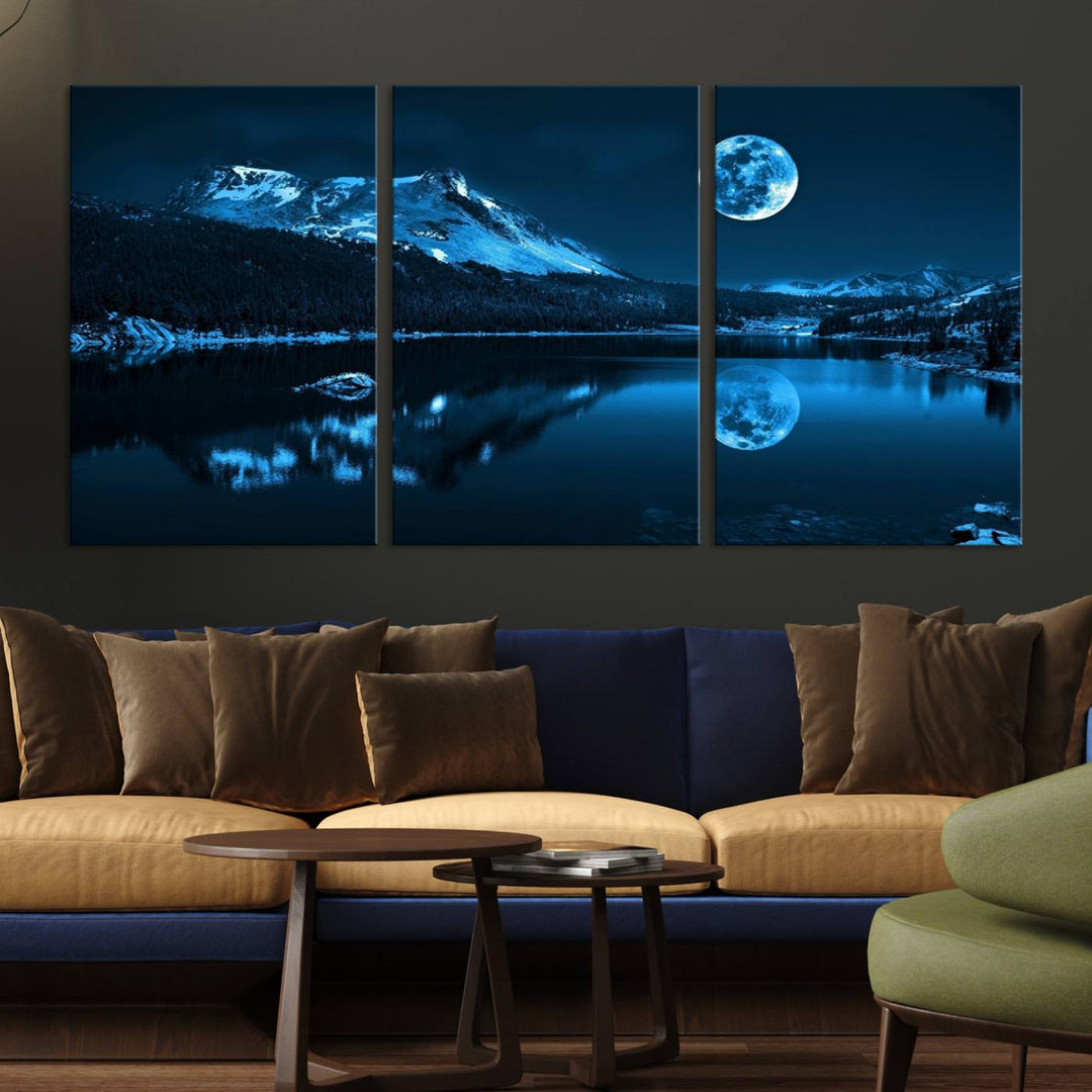 Blue Moon Mountain Lake Landscape Framed Wall Art Canvas Print