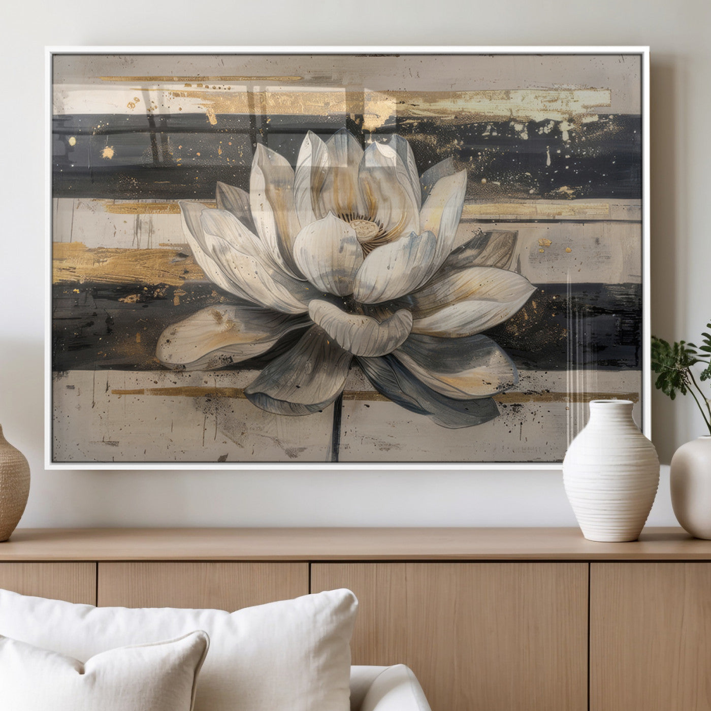 MGV-FP-60X30-3P - Lotus Flower Wall Art Canvas Print, Framed Abstract Lotus Art Picture Print, White Lotus Flower Perfect Abstract Floral Decor Artwork