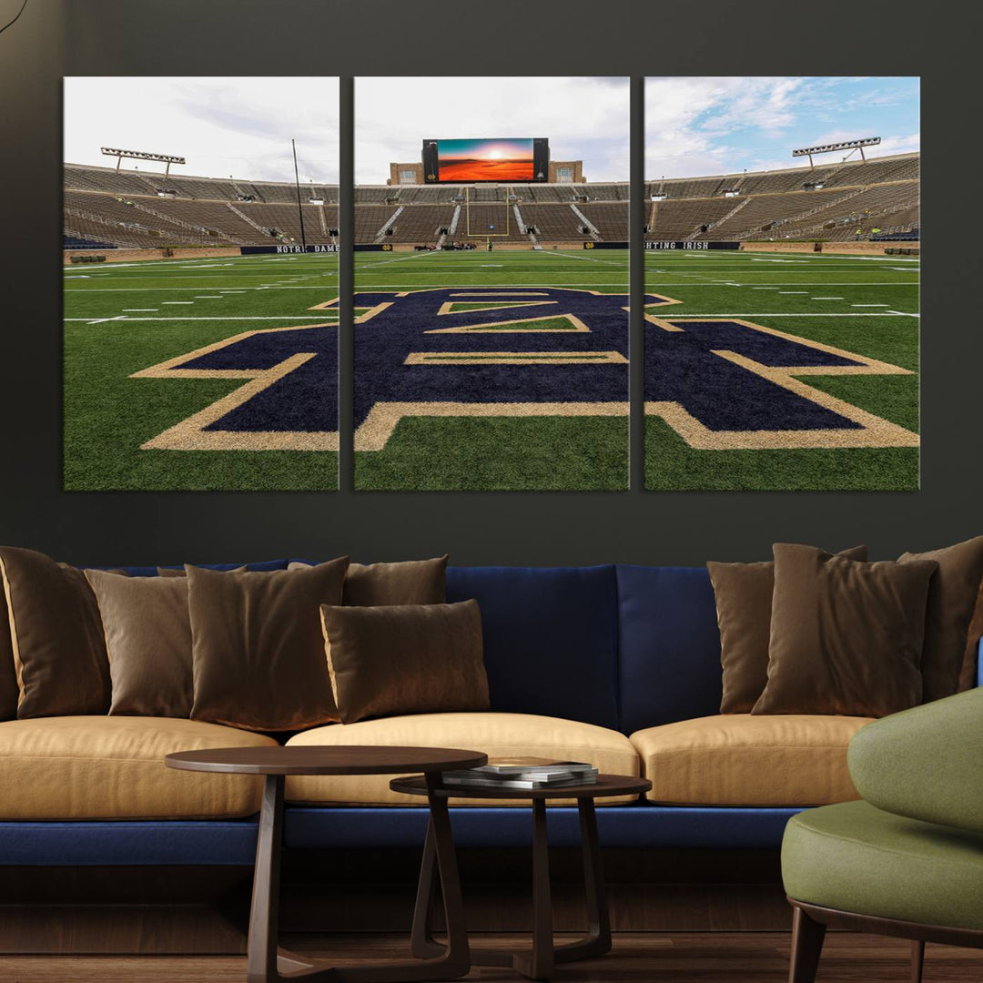 Notre Dame Stadium Giclee Canvas Print | Triptych Wall Art Featuring Iconic Notre Dame Football Field | Ready-to-Hang Sports Stadium Decor