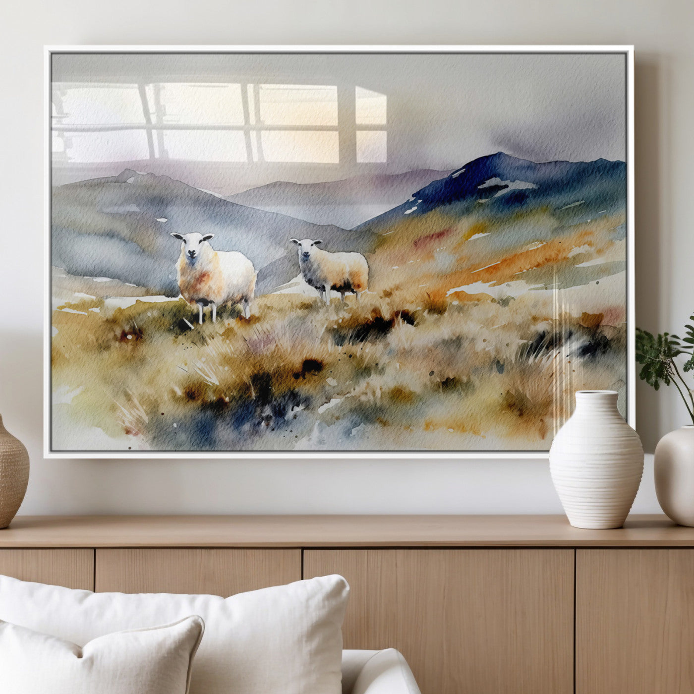 58145-MGV-FP-36X24-3P_White-Watercolor Sheep for Farmhouse Decor Wall Art Canvas Print, Mountain Wall Art Print