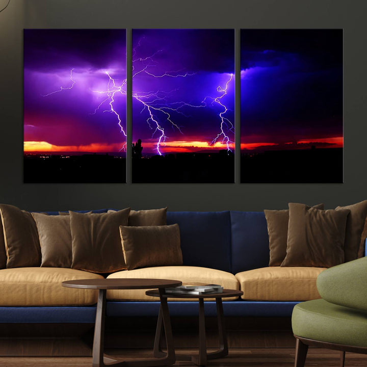 Electrifying Sunset Thunderstorm Canvas Print – Dramatic Lightning and Vibrant Sunset Wall Art