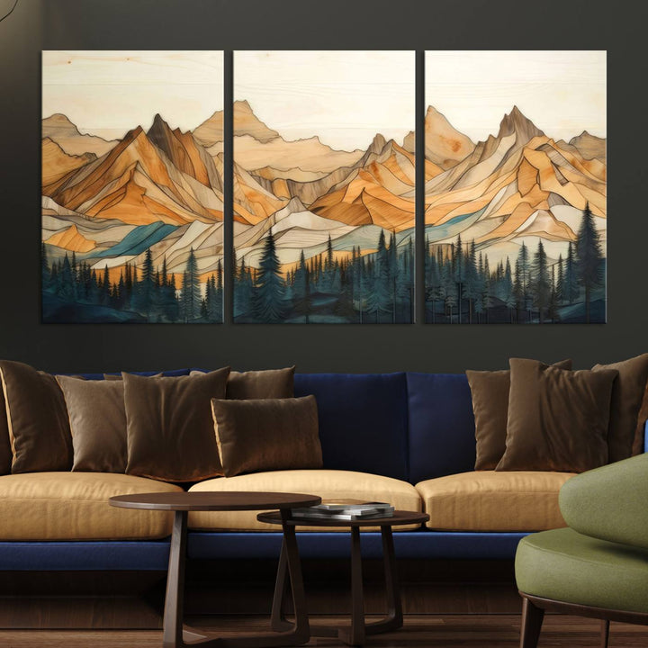 Rustic Wood Style Mountain Wall Art Print | Triptych Giclee Print Featuring Handcrafted Forest and Mountain Range Design | Framed Ready-to-Hang Print