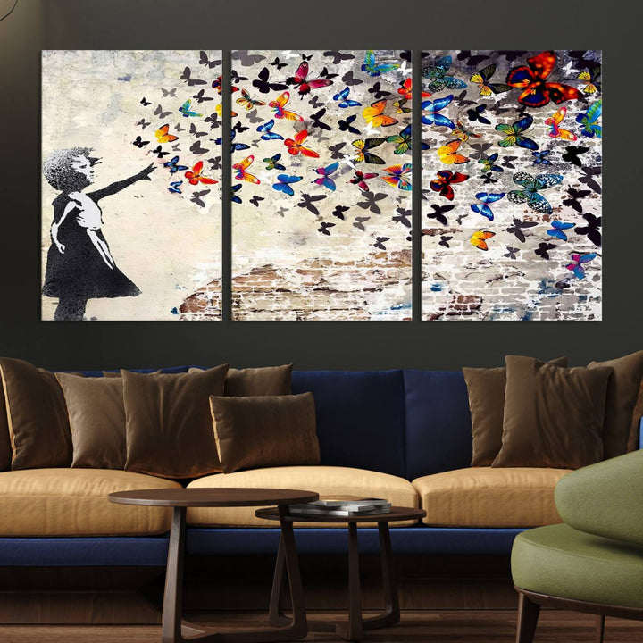 Banksy Style Girl with Butterflies Wall Art - Beautiful Framed Ready-to-Hang Triptych Canvas - Vibrant Butterfly Street Art for Modern Decor