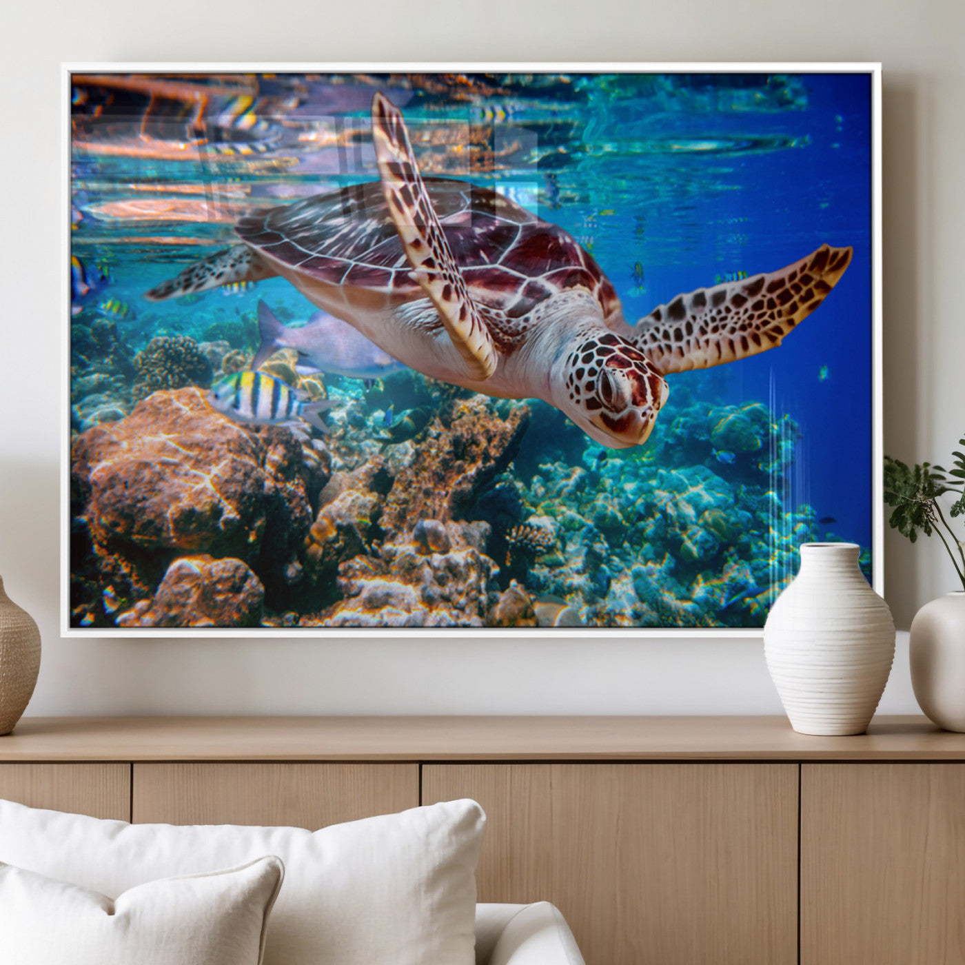 MGV-FP-36X24-3P - Underwater Coral Reef Sea Turtle Wall Art Canvas Print, Vibrant Marine Life | Colorful Ocean Scene