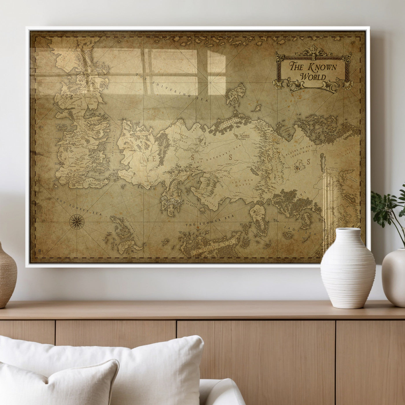 MGV-FP-36X24-3P - Vintage Game of Thrones Map Wall Art | Westeros and Essos Antique Style Print | The Known World in Triptych Canvas | Giclee Canvas for Fantasy Lovers